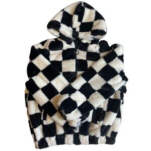 H&M Black and White Checkered Hooded Faux Fur Zip Up Jacket